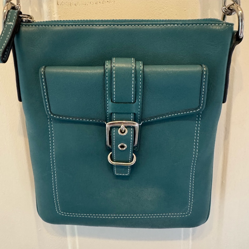 Coach Teal Crossbody Bag with Tan Web Adjustable Strap - Picture 2 of 13